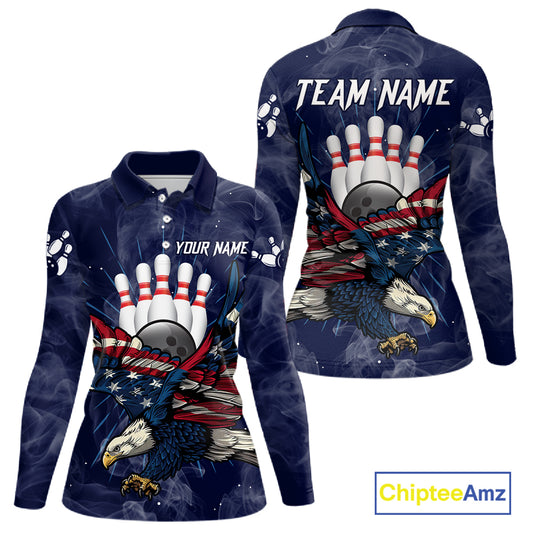 Blue Smoke American Flag Eagle Bowling Shirts For Women Custom patriotic Bowling Team Jersey NQS11288