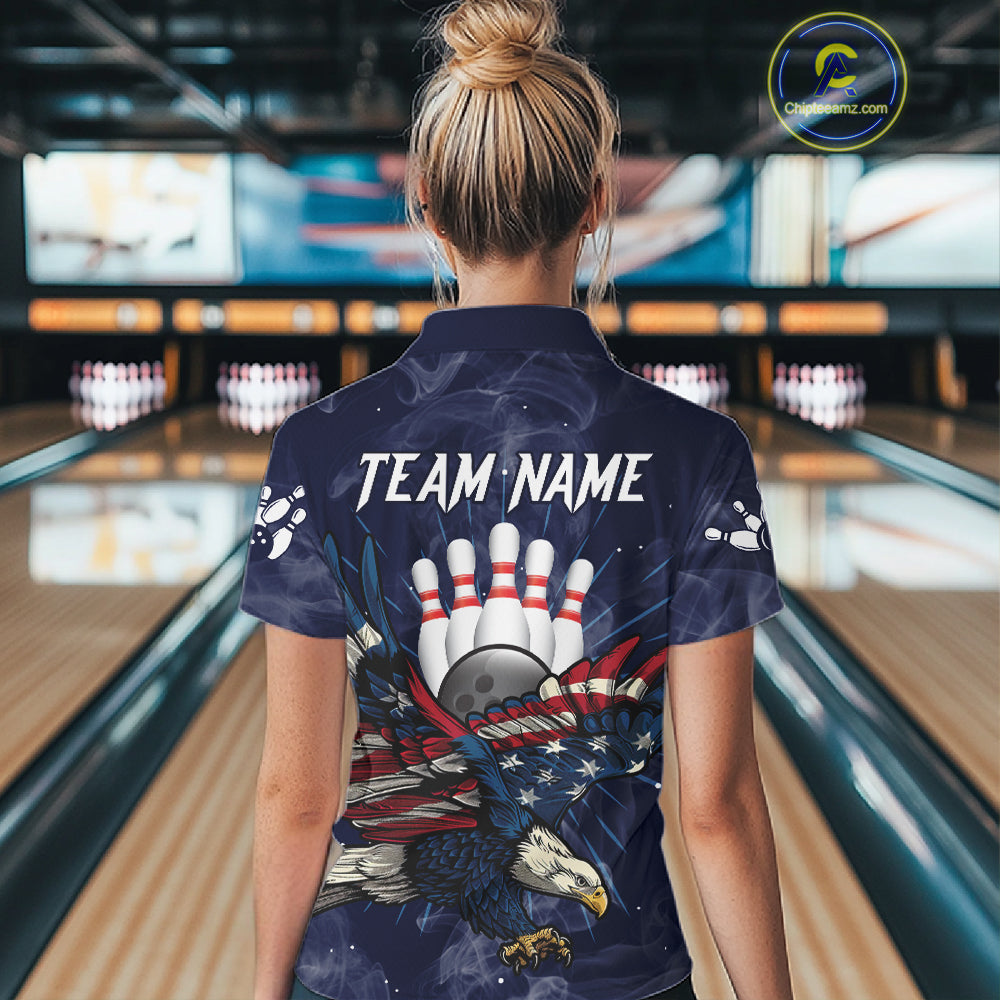 Blue Smoke American Flag Eagle Bowling Shirts For Women Custom patriotic Bowling Team Jersey NQS11288