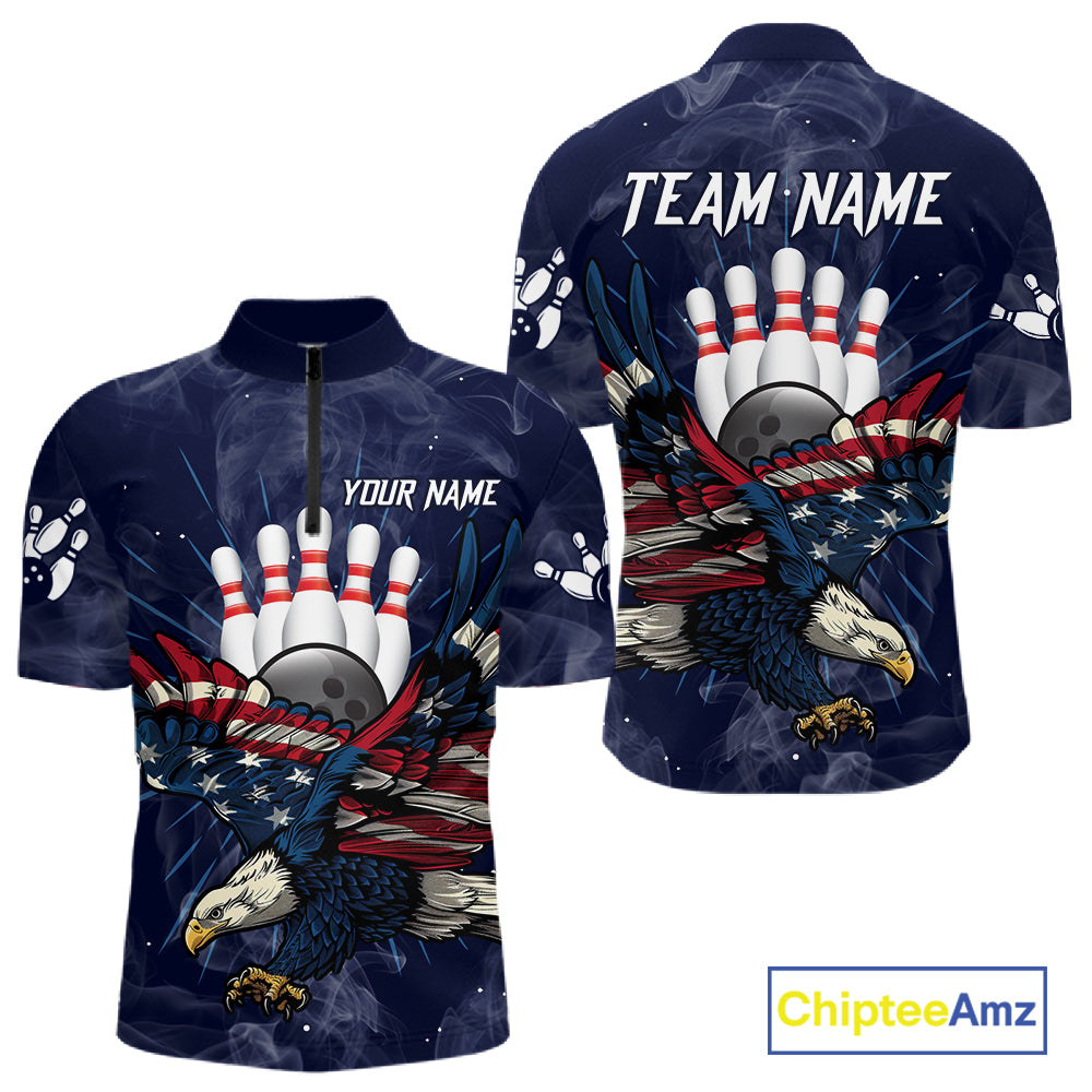 Blue Smoke American Flag Eagle Bowling Shirts For Men Custom patriotic Bowling Team Jersey NQS11288