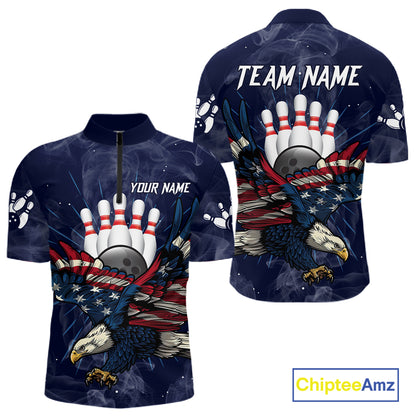 Blue Smoke American Flag Eagle Bowling Shirts For Men Custom patriotic Bowling Team Jersey NQS11288