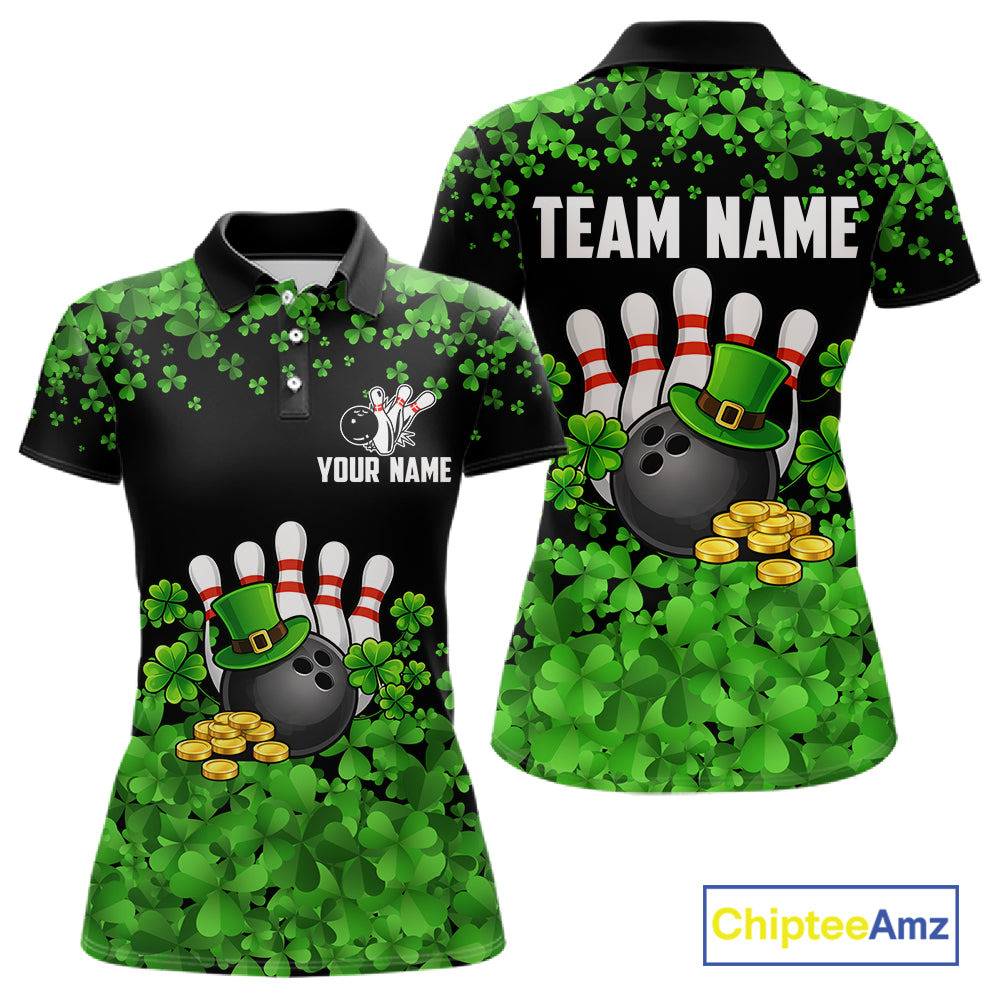 Custom Green clover pattern Bowling shirts for Women, St Patrick's Day bowling apparel, bowling gifts NQS11512