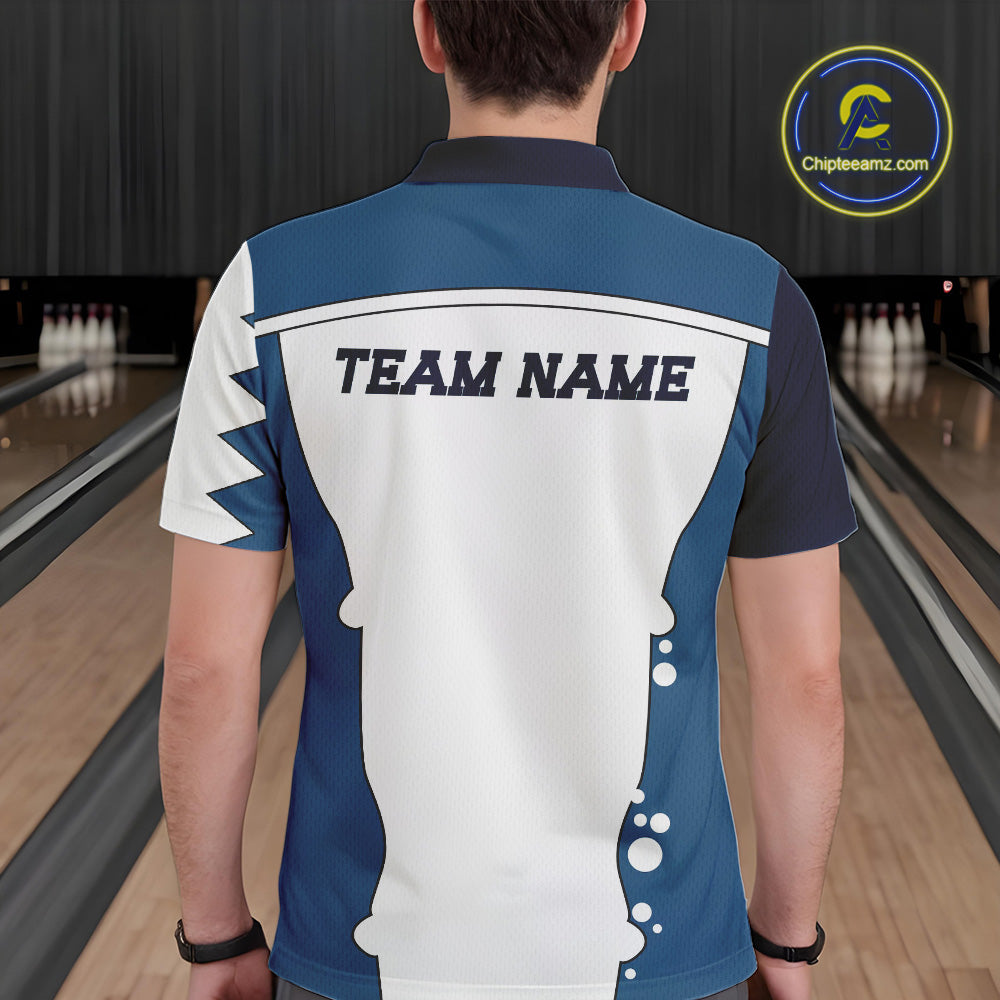 White and Blue Shark Bowling Polo, Quarter Zip shirts for men custom shark bowling team jerseys NQS10159