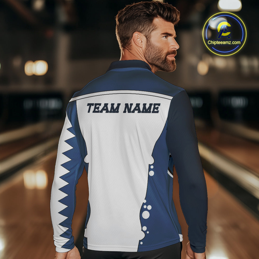 White and Blue Shark Bowling Polo, Quarter Zip shirts for men custom shark bowling team jerseys NQS10159