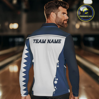 White and Blue Shark Bowling Polo, Quarter Zip shirts for men custom shark bowling team jerseys NQS10159
