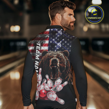 American Flag Bear Bowling Polo, Quarter Zip Shirts for Men Custom patriotic Team Bowling jerseys NQS10287