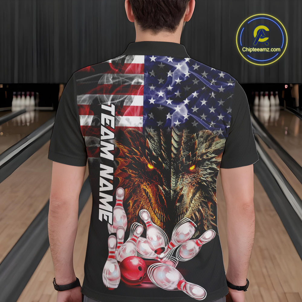 American Flag Dragon Bowling Polo, Quarter Zip Shirts for Men Custom patriotic Team Bowling jerseys NQS10288