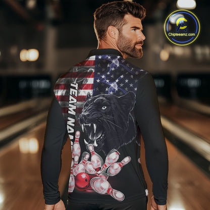 American Flag Panther Bowling Polo, Quarter Zip Shirts for Men Custom patriotic Team Bowling jerseys NQS10289