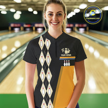 Load image into Gallery viewer, Black and Yellow Retro Bowling Polo, Quarter Zip shirt for Women Custom vintage team bowling jersey NQS10707