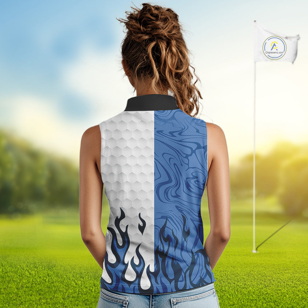 White and Blue Camo Flame Women Sleeveless Golf Polo Shirt Custom golf attire for ladies golf gift NQS10709