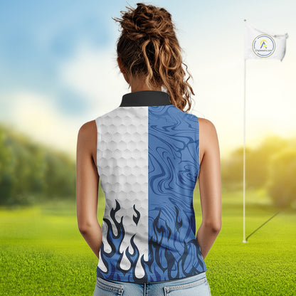 White and Blue Camo Flame Women Sleeveless Golf Polo Shirt Custom golf attire for ladies golf gift NQS10709