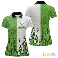 Load image into Gallery viewer, White and Green Camo Flame Women Golf Polo Shirt Custom golf attire for ladies personalized golf gift NQS10710