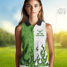 Load image into Gallery viewer, White and Green Camo Flame Women Sleeveless Golf Polo Shirt Custom golf attire for ladies golf gift NQS10710