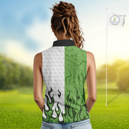 White and Green Camo Flame Women Sleeveless Golf Polo Shirt Custom golf attire for ladies golf gift NQS10710