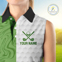 Load image into Gallery viewer, White and Green Camo Flame Women Sleeveless Golf Polo Shirt Custom golf attire for ladies golf gift NQS10710