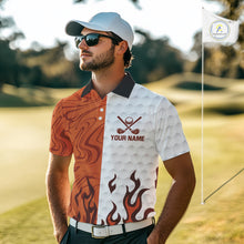 Load image into Gallery viewer, White and Orange Camo Flame Mens Golf Polo Shirt Custom golf attire for men, personalized golf gifts NQS10711