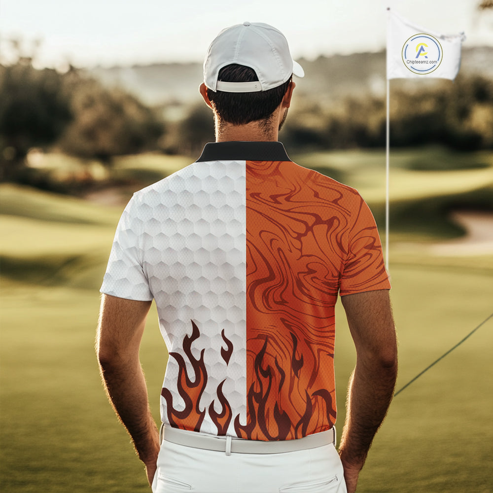 White and Orange Camo Flame Mens Golf Polo Shirt Custom golf attire for men, personalized golf gifts NQS10711