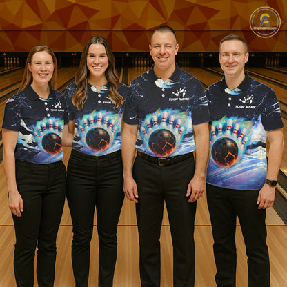Blue hologram flame Bowling polo, 1/4 zip Shirts for Men Custom Bowling Team jerseys NQS11295