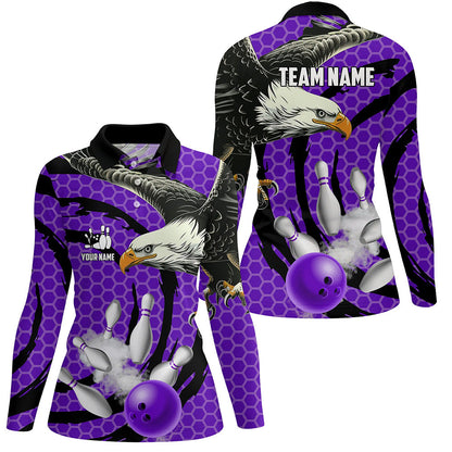 Eagle bowling ball and pins Purple camo custom Womens Bowling Polo Shirts, team ladies bowling jerseys NQS7515