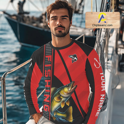 Black and red Walleye Fishing Custom UV protection Long sleeve fishing shirts For Men, Women NQS10161