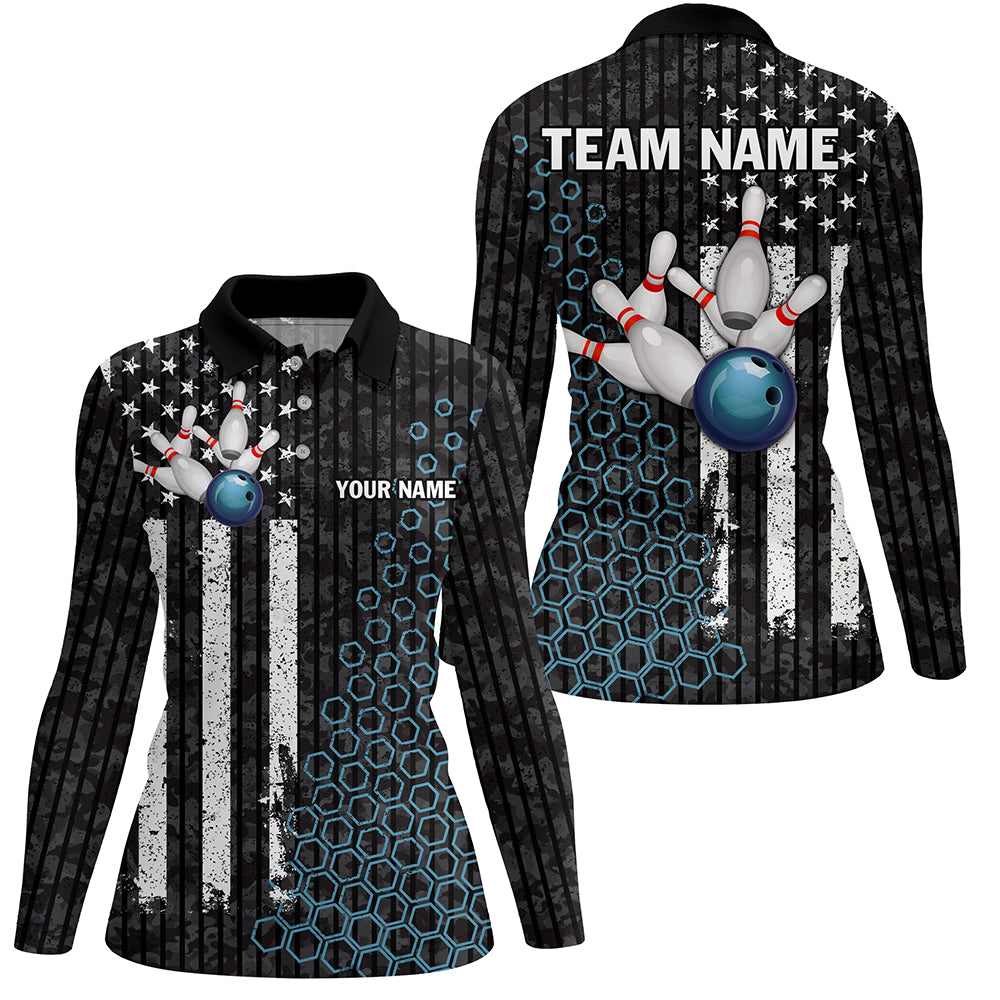 Black white American flag Women bowling Polo, Quarter Zip shirt Custom camo Bowling Team Jersey | Blue NQS8531