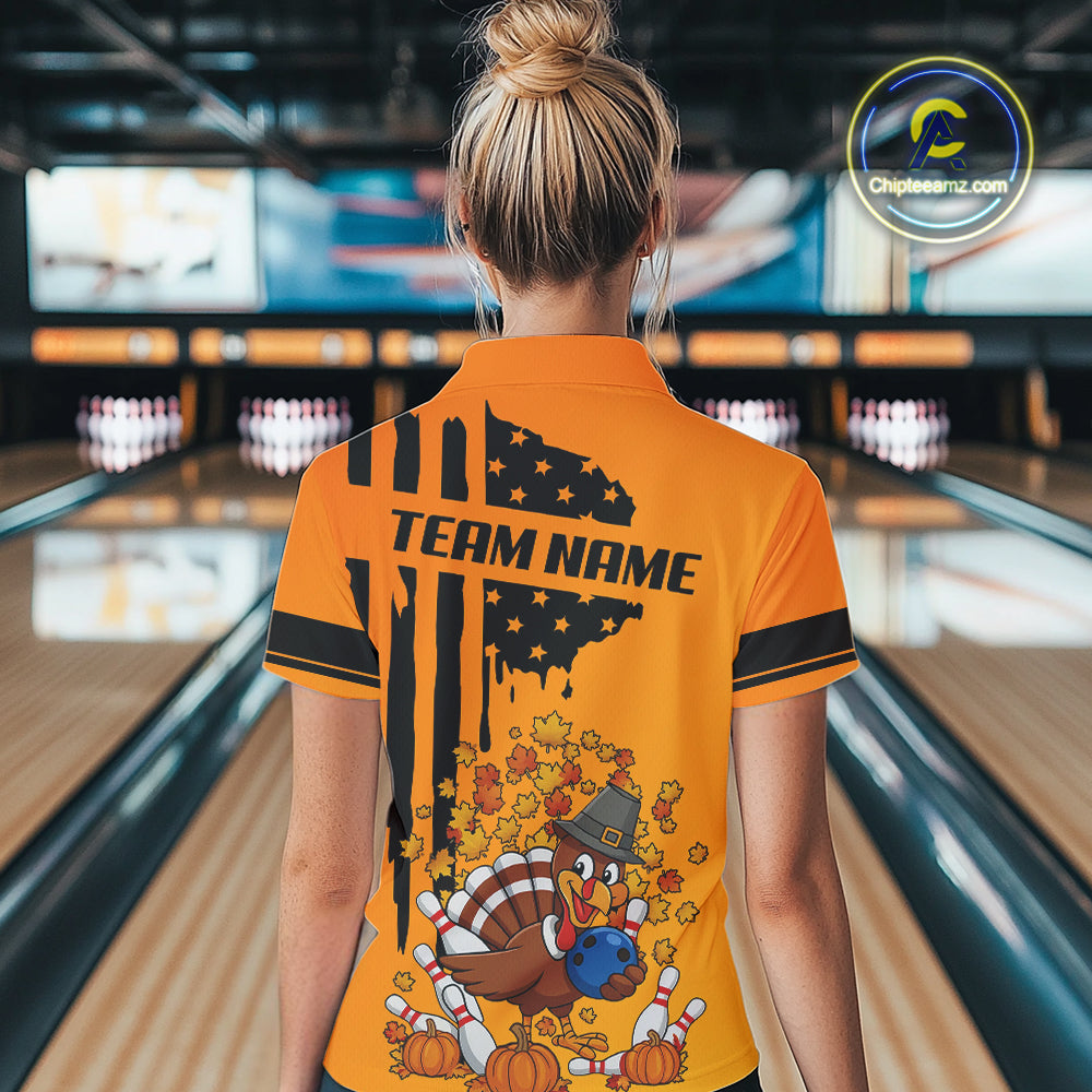 Personalized American Flag Turkey Autumn Bowling Shirts For Women, Thanksgiving Bowling Team Uniform NQS10721