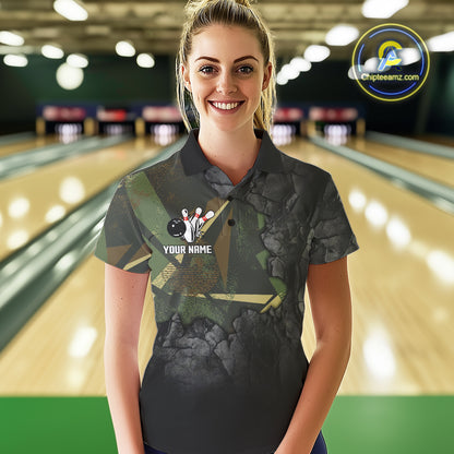 Green Camo Black Bowling Polo, Quarter Zip Shirts for Women Custom Team Bowling Jersey NQS10929