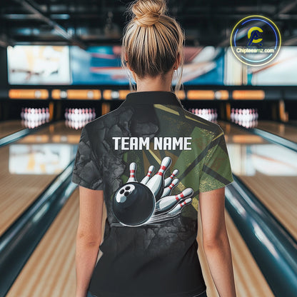 Green Camo Black Bowling Polo, Quarter Zip Shirts for Women Custom Team Bowling Jersey NQS10929
