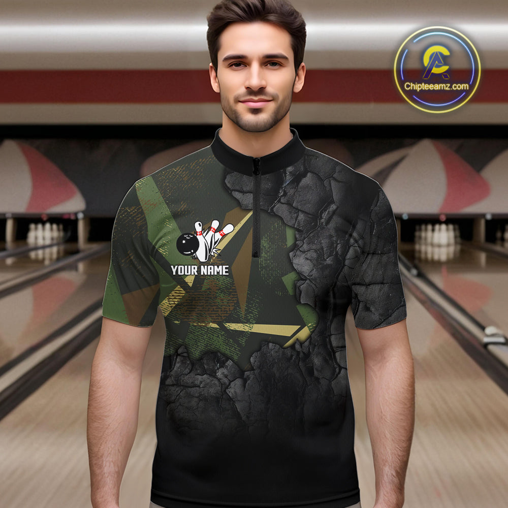 Green Camo Black Bowling Polo, Quarter Zip Shirts for Men Custom Team Bowling Jersey NQS10929