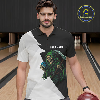 Black and White Funny Skull reaper Bowling Polo, 1/4 Zip Shirts For Men Custom Team Bowling Jersey NQS11100