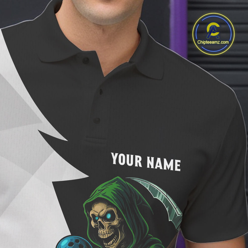 Black and White Funny Skull reaper Bowling Polo, 1/4 Zip Shirts For Men Custom Team Bowling Jersey NQS11100