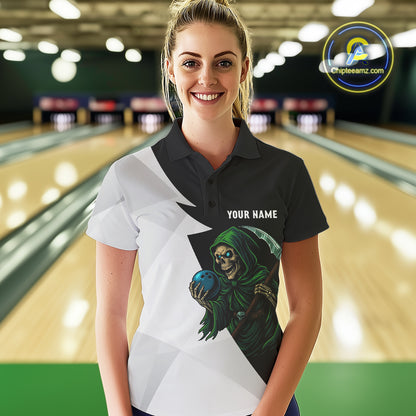 Black and White Funny Skull reaper Bowling Polo, 1/4 Zip Shirts For Women Custom Team Bowling Jersey NQS11100