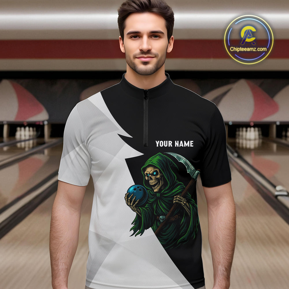 Black and White Funny Skull reaper Bowling Polo, 1/4 Zip Shirts For Men Custom Team Bowling Jersey NQS11100