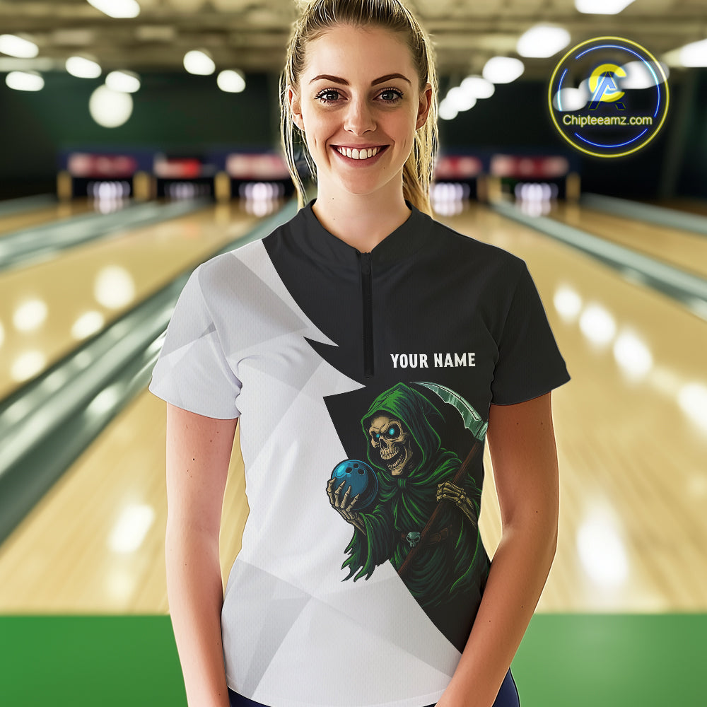 Black and White Funny Skull reaper Bowling Polo, 1/4 Zip Shirts For Women Custom Team Bowling Jersey NQS11100