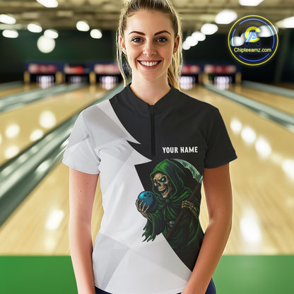 Black and White Funny Skull reaper Bowling Polo, 1/4 Zip Shirts For Women Custom Team Bowling Jersey NQS11100