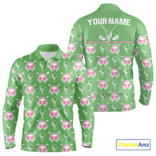 Load image into Gallery viewer, Green and Pink Golf pattern polo golf shirt for men Custom men's golf clothes, best golf gifts NQS11105