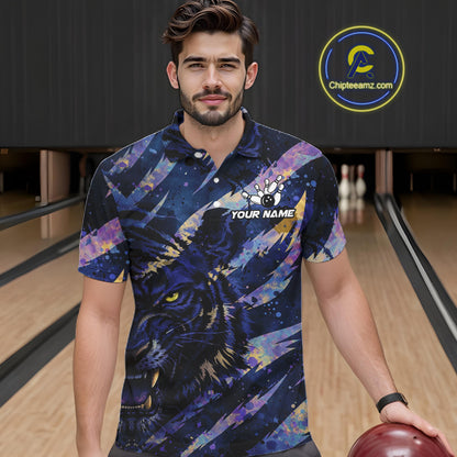 Blue and Purple watercolor Tiger Bowling Polo, Quarter Zip Shirt For Men Custom bowling Team outfit NQS11308