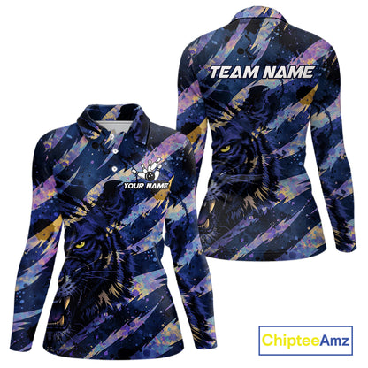 Blue and Purple watercolor Tiger Bowling Polo, Quarter Zip Shirt For Women Custom bowling Team outfit NQS11308