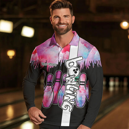 Black and Pink watercolor Bowling Polo, Quarter Zip Shirts For Men Custom Bowling Jersey Team Outfit NQS9593