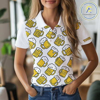 Funny Yellow beer pattern Women golf polo shirts custom fun golf shirts, cool golf gifts NQS10301