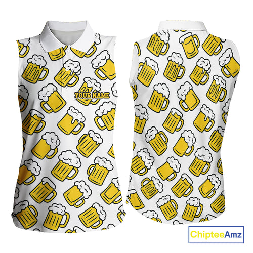 Funny Yellow beer pattern Women Sleeveless Polo shirt custom fun golf shirts, cool golf gifts NQS10301