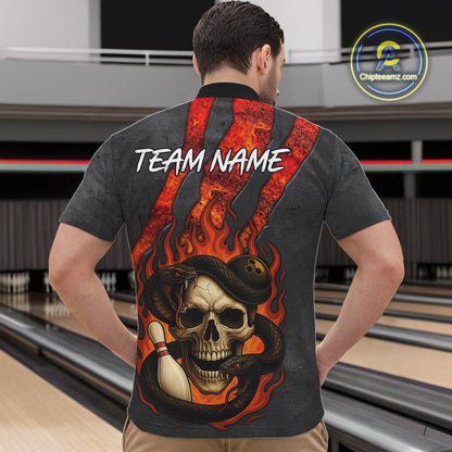 Red Flame Skull Snake Bowling Polo, Quarter Zip Shirts for Men Custom Team Bowling Jersey NQS10937