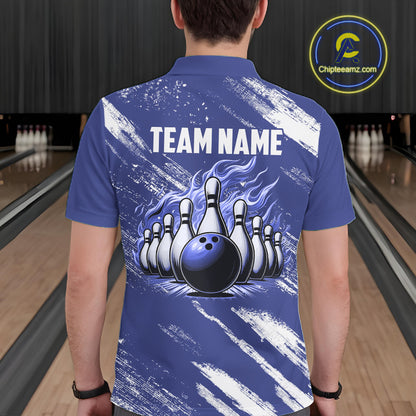 Blue and White Argyle Flame bowling Men Polo, 1/4 Quarter Zip Shirts Custom bowling team jerseys NQS11312