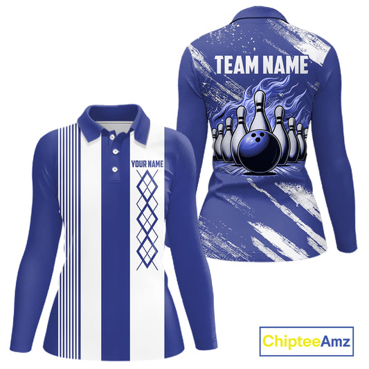 Blue and White Argyle Flame bowling Women Polo, 1/4 Quarter Zip Shirts Custom bowling team jerseys NQS11312