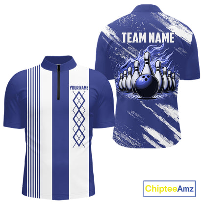 Blue and White Argyle Flame bowling Men Polo, 1/4 Quarter Zip Shirts Custom bowling team jerseys NQS11312