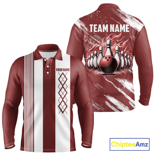 Red and White retro Argyle Flame bowling Men Polo, 1/4 Quarter Zip Shirts Custom bowling team jerseys NQS11313