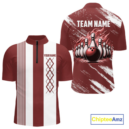 Red and White retro Argyle Flame bowling Men Polo, 1/4 Quarter Zip Shirts Custom bowling team jerseys NQS11313