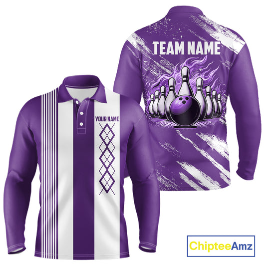 Purple & White retro Argyle Flame bowling Men Polo, 1/4 Quarter Zip Shirts Custom bowling team jersey NQS11314