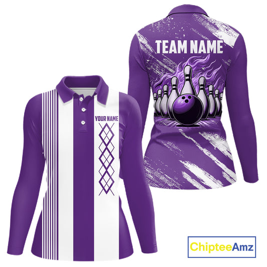 Purple & White retro Argyle Flame bowling Women Polo, 1/4 Zip Shirts Custom bowling team jersey NQS11314