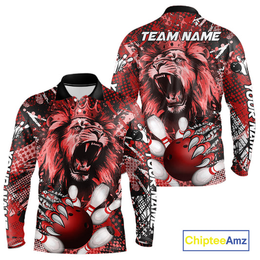 Red Camo Lion roar Bowling Polo, Quarter Zip Shirts for Men Custom Lion Bowling Team jerseys NQS11523