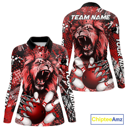 Red Camo Lion roar Bowling Polo, Quarter Zip Shirts for Women Custom Lion Bowling Team jerseys NQS11523